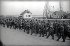 Magyarország, Balatonalmádi, József Attila út (Véghelyi Dezső utca) Budatava nyaralótelep felé nézve. Jobbra a Vak Bottyán utcával szembeni vasúti átjáró., 1945, Vörös Hadsereg, hadifogoly, menetoszlop, Fortepan #175255