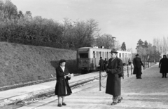 Magyarország, Budapest II., Gyermekvasút (Úttörővasút), Szépjuhászné (Ságvári liget) állomás., 1957, Chuckyeager tumblr, vasútállomás, Gyermekvasút, Budapest, Fortepan #176385