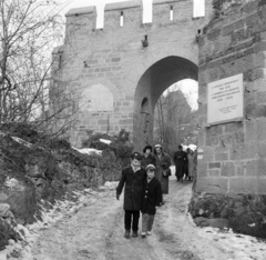 Magyarország,Dunakanyar, Visegrád, az Alsóvár déli kapuja, Budapesti-kapu., 1959, Bojár Sándor, kirándulás, várkapu, emléktábla, Fortepan #177407