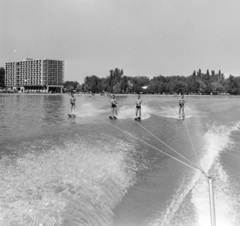 Hungary,Lake Balaton, Tihany, vízisízők, balra a Hotel Tihany., 1965, Bojár Sándor, water ski, water sports, Fortepan #177484