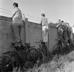 Magyarország, Szeged, Felső-Tiszapart, szurkolók a SZEOL pálya kerítésénél., 1966, Bojár Sándor, kerékpár, kerítés, szögesdrót, képarány: négyzetes, leselkedő, leleményes, Fortepan #177544