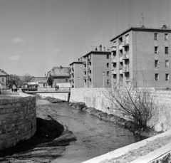 Magyarország, Eger, Eger-patak, szemben az Egészségház utcánál lévő híd, jobbra a Gólya utca lakótelep., 1967, Bojár Sándor, Fortepan #177711