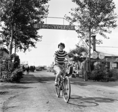 Hungary, Makó, Redőnygyár., 1969, Bojár Sándor, striped dress, bicycle, Fortepan #178020