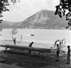 Magyarország,Dunakanyar, Nagymaros, Duna-part, szemben a túlparton Visegrád, a Várhegyen fenn a Fellegvár, balra az Alsóvár lakótoronya / Salamon-torony., 1960, Bojár Sándor, férfiak, csónak, folyó, motorcsónak, Fortepan #178223