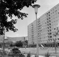 Magyarország, Óbuda, Budapest III., játszótér a Szőlő köznél, háttérben az 1-11. számú panelház, balra a Szőlő utca épületei látszanak., 1973, Bojár Sándor, játszótér, hinta, lakótelep, panelház, mászóka, csúszda, pad, Budapest, Fortepan #178464