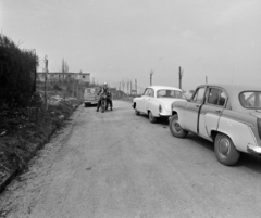 Magyarország, Budapest II., Palatinus utca a Csejtei utca felé nézve. Az autós nyomkeresés, "rókavadászat" résztvevői a célnál., 1965, Bojár Sándor, Budapest, Fortepan #178501