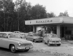 Csehország, benzinkút Karlovy Vary közelében., 1960, Bojár Sándor, Csehszlovákia, Skoda-márka, Moszkvics-márka, Wartburg-márka, benzinkút, Skoda Octavia, Moszkvics 407, Wartburg 311/312, Fortepan #178711