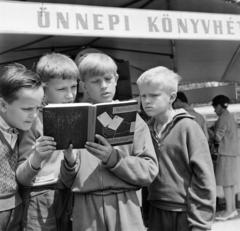 Magyarország, Budapest, Ünnepi Könyvhét, Rodolfo (Gács Rezső) ekkor megjelent Bűvészkönyv című művét nézik a gyerekek., 1965, Bojár Sándor, fiúk, olvasás, kézben tartani, könyv, kíváncsiság, Fortepan #178939