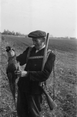 Magyarország, Pozsonyboldogfa, a felvétel a helyi vadásztársaság fácán- és nyúlvadászatán készült., 1964, Bojár Sándor, vadász, puska, fácán, simléderes sapka, Fortepan #179244