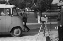 Hungary, Örkény, Fő utca (5-ös főút), háttérben a Piac tér., 1969, Bojár Sándor, cop, speedcams, roadside vehicle checks, signalling disc, Fortepan #179625