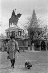 Magyarország, budai Vár, Budapest I., Szentháromság tér, Emília Vášáryová szlovák színművésznő. Háttérben Szent István szobra (Stróbl Alajos, 1906.) a Halászbástyánál., 1968, Bojár Sándor, kutya, Budapest, kutyasétáltatás, szőrme, Fortepan #180096