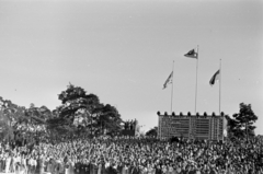 Finnország, Helsinki, XV. nyári olimpiai játékok., 1952, Bojár Sándor, nézőtér, eredményjelző, olimpia, zászló, Fortepan #180394