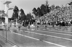 Finnország, Helsinki, XV. nyári olimpiai játékok. A 200 m-es férfi mellúszás eredményhírdetése: olimpiai bajnok Jack Davies (Ausztrália), 2. Stassforth (Egyesült Államok), 3. Klein (Nyugat-Németország)., 1952, Bojár Sándor, férfi, úszás, eredményhirdetés, olimpia, Fortepan #180395