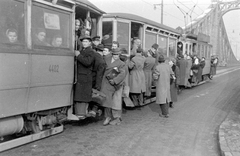 Magyarország, Budapest, Szabadság híd, áramszünet., 1954, Magyar Rendőr, tömeg, villamos, Duna, tujázás, Duna-híd, Feketeházy János-terv, viszonylatszám, Fortepan #18050