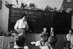 1955, Bojár Sándor, kid, decoration, teacher, Little drummer, student, blackboard, Fortepan #180595