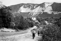 Magyarország, Bélapátfalva, szemben középen a Bélháromkúti ciszterci apátsági templom, háttérben a Bél-kő., 1959, Divéky István, turista, földút, hegy, Fortepan #183734