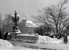 Magyarország, Városliget, Budapest XIV., a Városligeti-tó feletti híd, háttérben a Vajdahunyad vára., 1939, Divéky István, tél, hó, híd, jégpálya, Budapest, Fortepan #183786