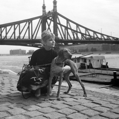 Magyarország, Budapest V., Belgrád rakpart, háttérben a Szabadság híd. Házy Erzsébet operaénekes., 1960, Kotnyek Antal, híres ember, kutya, uszály, vízpart, vizsla, Budapest, kutyasétáltatás, Feketeházy János-terv, Fortepan #18473