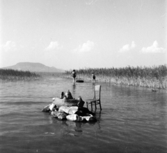 Magyarország,Balaton, Balaton-part Alsóbélatelep környékén. A budapesti Eötvös Gimnázium balatonfenyvesi táborának lakói., 1959, Inkey Tibor, úszógumi, homokvár, thonet, nádas, Fortepan #184907