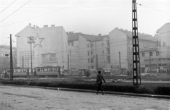 Hungary, Budapest V.,Budapest VIII.,Budapest IX., Kálvin tér., 1956, Tóth Tibor, street view, Budapest, Red Star, firewall, Fortepan #185595