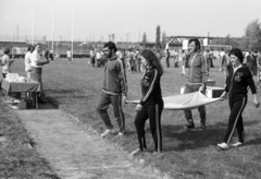 Magyarország, Budapest XXI., Duna utca, a Csepeli Papírgyár sportpályája. Jobbra a Gubacsi híd a Ráckevei (Soroksári)-Duna felett., 1977, Gulyás Zsuzsa, Budapest, Fortepan #186352