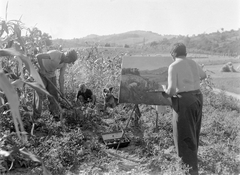 1954, Fortepan, kutya, tájkép, földművelés, festészet, festmény, férfi, fiú, festőállvány, festő, ásó, Fortepan #1865