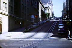 Amerikai Egyesült Államok, San Francisco,Kalifornia állam, a Powell Street a Sutter Street-től északra., 1956, Haas Lajos dr, színes, utcakép, sínpálya, lejtő, Fortepan #187350