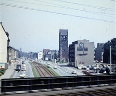 Németország, Dortmund, kilátás a vasútról a Bornstrasse északi részére, középen a II. világháborúban leégett Szent János-templom (Johannes-Kirche) megmaradt tornya., 1968, Fortepan/Album018, Fortepan #187480