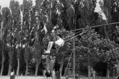 Hungary,Lake Balaton, Siófok, a felvétel a strandon készült., 1952, Fortepan/Album018, lady, fir trees, swing, swing, Fortepan #187517