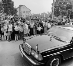 Magyarország, Gyulaháza, Petőfi Sándor utca, háttérben az iskola. A felvétel Farkas Bertalan űrhajós látogatása alkalmával készült., 1980, Szalay Béla, Fortepan #187736