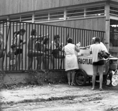 Hungary, 1975, Urbán Tamás, beach, bathing suit, youth, ice cream, fence, ice cream seller, Fortepan #18795