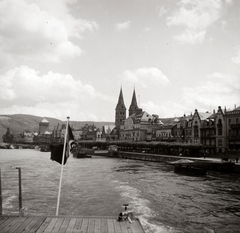 Németország, Boppard, a város látképe a Rajnáról, középen a St.-Severus-Kirche, balra a háttérben az Alte Burg., 1936, Lőrincze Judit, Fortepan #188503