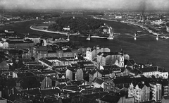 Hungary, Budapest, látkép a Margit híddal és a Margitszigettel, 1920, TEHTUBE, bridge, picture, view, bird's eye view, Fortepan #18862