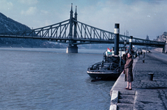 Magyarország, Budapest IX., pesti alsó rakpart a Fővám térnél, háttérben a Szabadság híd., 1955, Lőrincze Judit, Budapest, színes, hajókémény, híd, kikötőbak, Sajó hajó, Fortepan #188687