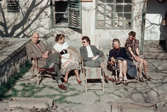 1957, Lőrincze Judit, generations, terrace, colorful, socks and sandal, deck chair, venetian blind, Fortepan #188703