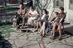 1957, Lőrincze Judit, terrace, colorful, deck chair, dog, Fortepan #188704