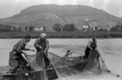 Magyarország, halászok, háttérben a Badacsony., 1962, Tölg Anna, halászat, csónak, halászháló, Fortepan #189777