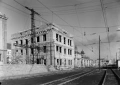 Magyarország, Győr, a vasútállomás új épületének épíkezése., 1956, UVATERV, vasútállomás, felsővezeték, Fortepan #190009