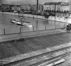 Hungary, Budapest IX., a Petőfi híd újjáépítése, háttérben a Közraktár utca épületsora., 1952, UVATERV, Budapest, picture, bridge building, bridge, Fortepan #190076