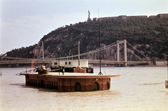 Hungary, Budapest V.,Budapest I., a pesti alsó rakpart árvíz idején a Vigadó téri hajóállomásnál, háttérben az Erzsébet híd és a Gellért-hegy., 1965, Wittner Lucia, flood, Budapest, colorful, Fortepan #190144