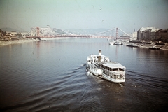 Magyarország, Budapest I.,Budapest V., látkép a Szabadság hídról az épülő Erzsébet híd és a budai Vár felé., 1964, Wittner Lucia, színes, Budapest, Fortepan #190158