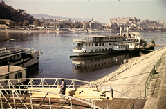 Magyarország, Budapest V.,Budapest I., Belgrád rakpart, kilátás az Erzsébet híd építkezése felé, háttérben a budai Vár., 1961, Wittner Lucia, színes, gőzhajó, Szőke Tisza II./ Felszabadulás/ Szent Imre/ Sas/ IV. Károly hajó, Budapest, Fortepan #190171