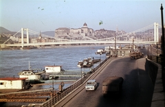 Hungary, Budapest V.,Budapest I., látkép a Szabadság hídról az Erzsébet híd és a budai Vár felé., 1965, Wittner Lucia, colorful, wharf, Budapest, Fortepan #190181