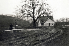 Magyarország, Zebegény, Újvölgy, a mai Völgy utca 2. Balra a Malom-hegy, jobbra a 12-es főút melletti vasúti töltés látható., 1924, Zagyva Tiborné, fa, ház, kút, sár, földút, Fortepan #190302