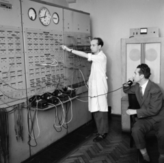 1957, Szalay Zoltán, watch, telephone, suit, cable, telephone exchange, cloak, photo aspect ratio: square, Fortepan #190514