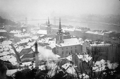 Magyarország, Tabán, Budapest I., 1930, Jankovszky György, tél, templom, háztető, kilátás, minaret, Budapest, Duna-híd, Fortepan #19065