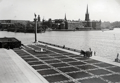 Svédország, Stockholm, Kungsholmen (A király szigete), a Városháza előtti parkban balra az Engelbrekt Engelbrektsson emlékmű. Szemben jobbra a Riddarholmen-en, a lovagok szigetén a Riddarholmskyrkan tornya látszik., 1936, Kieselbach Gyula, Fortepan #191615