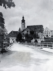 Austria, Frohnleiten, Murbrücke a Mura folyó felett, szembenl a Katharinenkirche., 1924, Kieselbach Gyula, Fortepan #191621