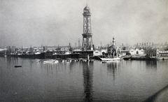 Spanyolország, Barcelona, kikötő, középen a kikötő és a Montjuic hegy közötti kabinos drótkötélpálya állomása (Torre Jaime I)., 1933, Kieselbach Gyula, világítótorony, Fortepan #191711