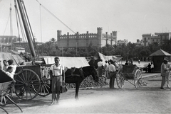 Spanyolország,Baleár-szigetek,Mallorca, Palma de Mallorca, háttérben középen a Lonja de Palma de Mallorca / Sa Llotja. Eredetileg a tengerészeti kereskedelem székhelye volt., 1933, Kieselbach Gyula, kézikocsi, lovaskocsi, öszvér, Fortepan #191766